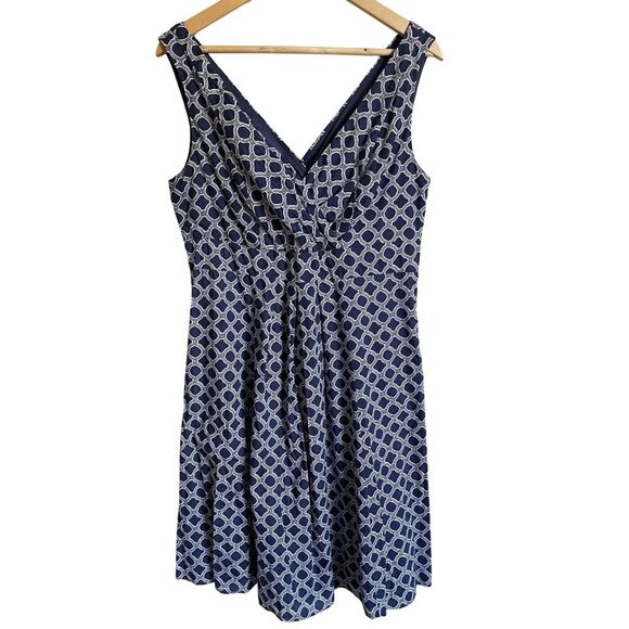 Lands End Size 12 Navy Blue Cream Abstract Geometric Cotton Knee Length Dress Sl - Picture 1 of 7